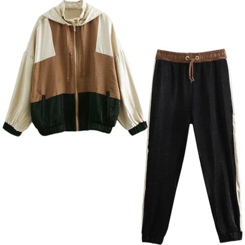 Womens suit retro color matching sports jacket casual pants suit female loose hooded drawstring sports two-piece
