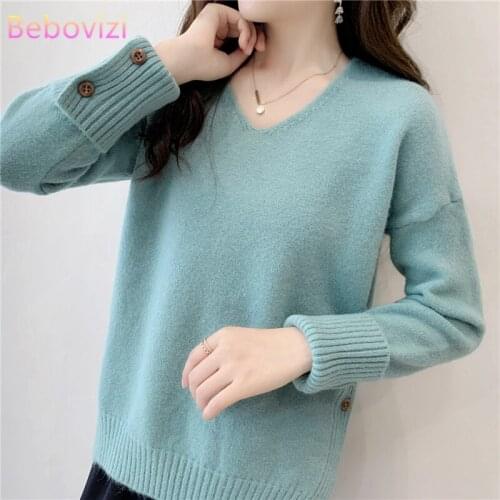 Green Blue White Yellow Korean Loose Sweaters for Women V-neck Autumn Winter Fall Top