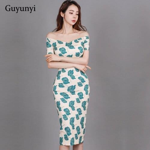 Temperament Elegant Party Dress 2021 Summer One Word Collar Card Shoulder Simple Flower High Waist Tight Dress Women