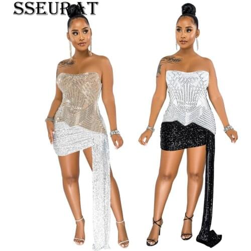 SSEURAT Women Mini Dress Patchwork Diamonds Sleeveless Strapless Stretchy Dresses Summer Sexy Fashion Vestidos