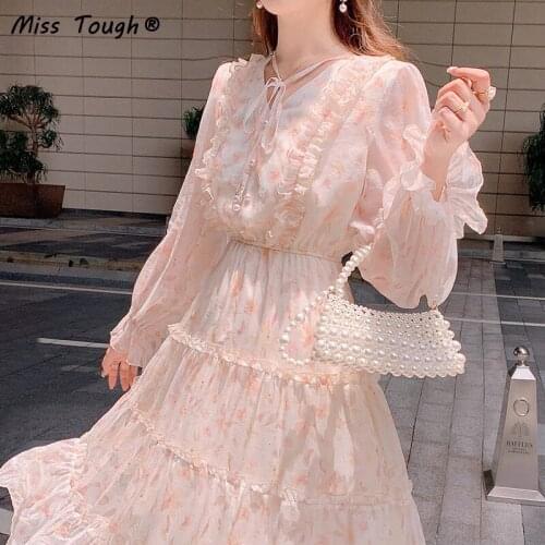 2021 Autumn Floral Pink Princess Fairy Dress Women High Waist Elegant Sweet Midi Dress Long Sleeve Party Holiday Casual Dress