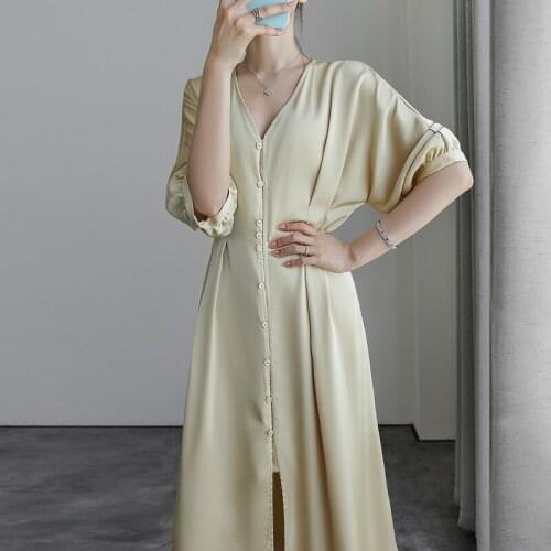 Johnature Summer New French Dresses 2021 V-neck Batwing Loose Single-breasted Half Sleeve Slits Women Dress