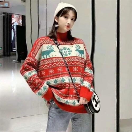 Winter 2020 New Lazy Hong Kong Style Retro Loose Jacket Female Half High Neck Pullover Christmas Deer Sweate Women