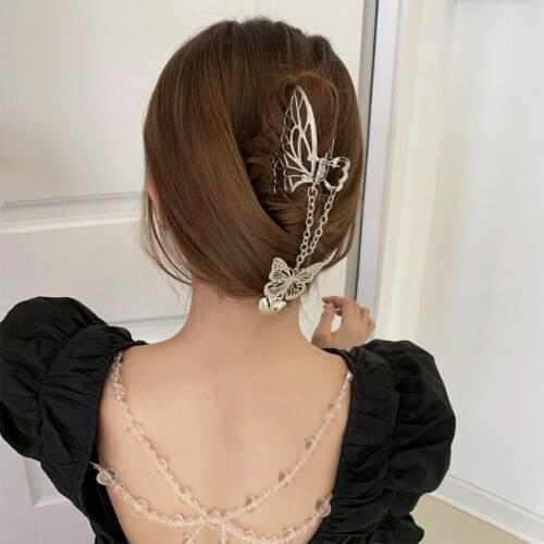 1pc Silver Hair Clips Vintage Long Tassel Butterfly Metal Hair Claw Love Pendant Crab Clips Party Accessories Jewelry for Women