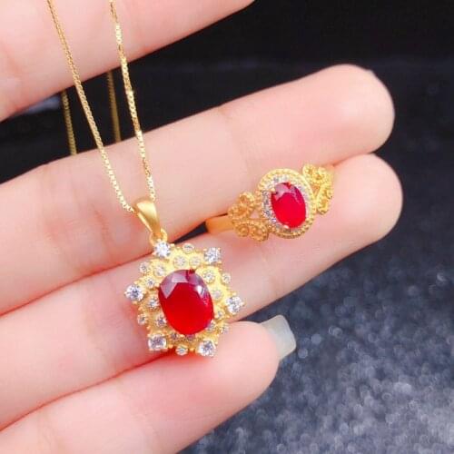 18k Yellow Gold Jewelry Sets for Women Gemstone Bridal Ruby Ring Pendant Necklace Women Wedding Engagement Jewelry with Box Gift