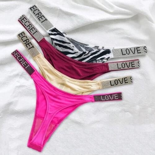 2021 Sexy Women Pantie Crystal Rhinestone Underwear Fitness Gym Thongs Low Rise Fashion Tanga Female Lingerie Letter Size S-XL