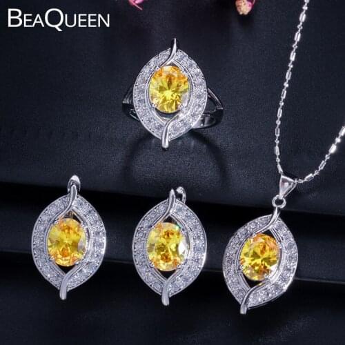 BeaQueen Trendy Big Oval Round Yellow Crystal Micro Paved Cubic Zircon 3pcs Jewelry Sets Earrings Necklace Finger Ring Set JS010