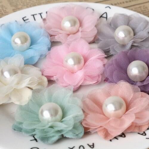 5pcs/lot 4.5CM Pearl Center Fabric Flowers For DIY Hair Accessories Girls Clothes Hats Decoration Flower DIY Crafts Supplies