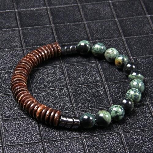 African Turquoises Wooden Bracelets Natural Stone Charm Bloodstone Lava Coconut Wood Flake Bangles Unique Ethinc For Men Gift