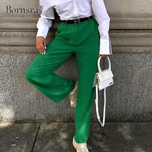 Bornsra Women Solid Straight Pants Casual Streetwear Club Classic Trousers Vintage Female 2021 Summer Sexy Button Green Pants