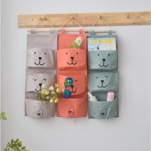 Household Reusable Cotton and Linen Waterproof Cloth Mask Three-pocket Small Pouch Storage Hanging Bag Fabric Clothes Organizer