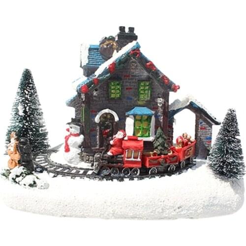 Color LED Light Christmas Snow Small Train Village House Luminous Resin Ornament