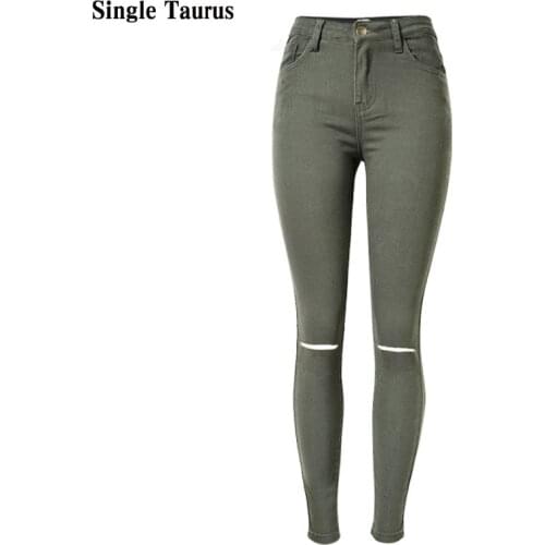 Elasticity Skinny Army Green Woman Jeans High Waist Slim America Streetwear Pantalones Vaqueros Mujer Knee Hole Denim Pant Women