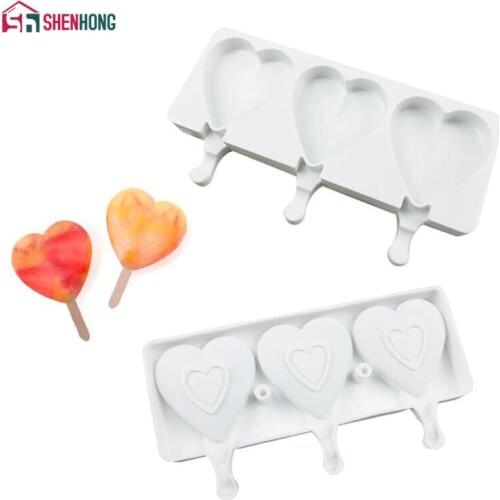 SHENHONG Heart Shaped Ice Cream Mold Makers Silicone Thick Material DIY Molds Ice Cube Moulds Dessert Molds Tray With Popsicle