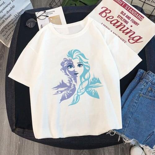 Summer Women Girl Short Sleeve Casual Cotton Blended T Shirts Disney Princess Elsa Printed Harajuku Cartoon Tshirts Female Tees