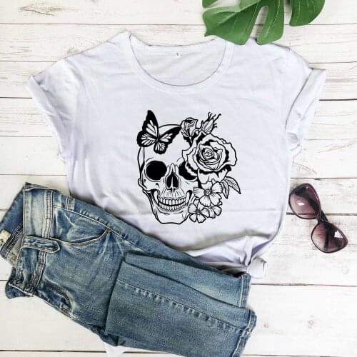 Skull Roses Flowers Butterfly Grin Death Love Dead Head Evil Kill Killer Female Woman Design t shirt 100% cotton casual tee tops