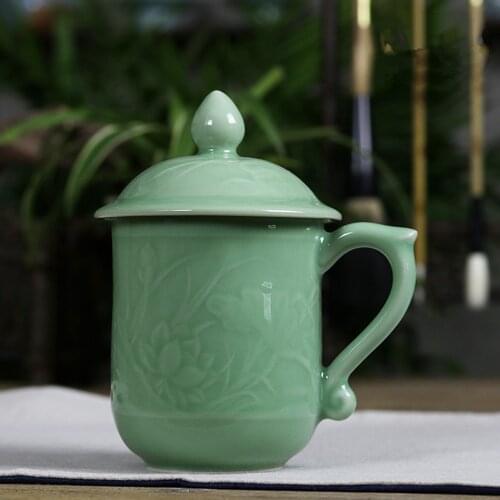 Coffee Mug Teacup with Lid 13.5oz Porcelain Milk Cup Embossed with Lotus Ceramic Chinese Celadons Microwave and Dishwasher Safe