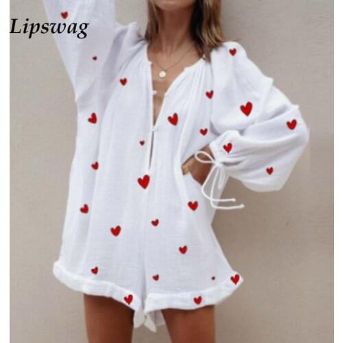 Casual Elegant Lantern Sleeve Beach Jumpsuit Sexy V Neck Heart Print Playsuit Rompers Women Loose Cargo Pants Overalls Bodysuit