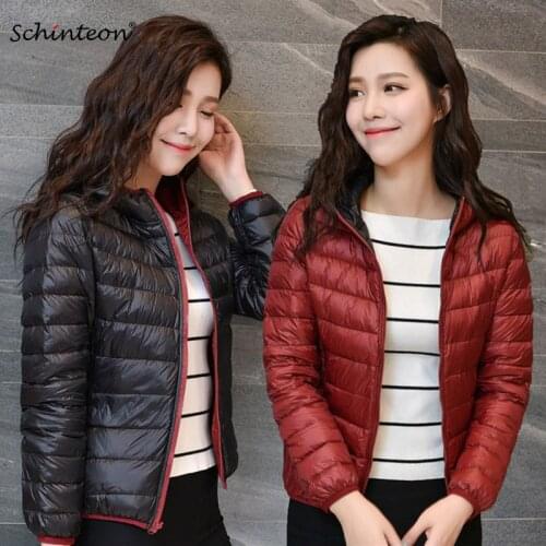 Schinteon Light Down Jacket Reversible Two Side Wear 90% white duck down Coat with Hood Outwear