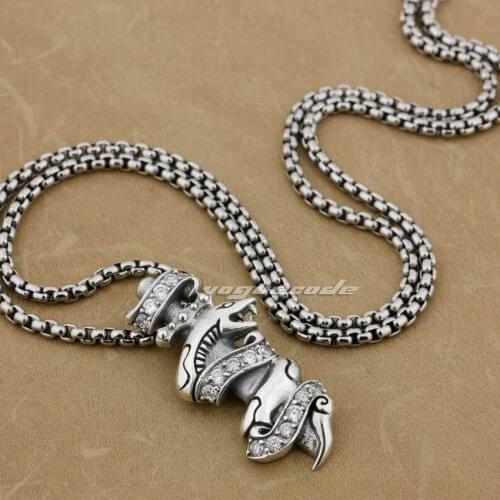 LINSION 925 Sterling Silver White CZ Stone Snake Mens Biker Rock Punk Pendant 9H022