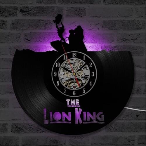 Cute The Lion King Theme CD Record Wall Clock Cartoon Vinyl Record Clock Antique Style Handmade Home Decor LED with 7colors