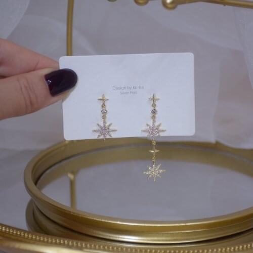 14k Real Gold Fashion Jewelry Crystal Star Exquisite Shiny Long Earrings for Woman Holiday Party Elegant Zircon Earring