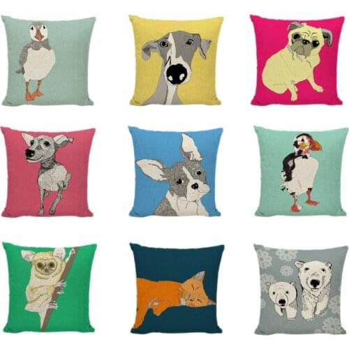 Cartoon Animal Cushion Cover Geometric Duck Rabbit Giraffe Linen Cotton Pillowcase Home Decor French Bulldog Throw Pillow Cover