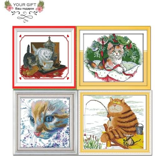 Joy Sunday D846D867D868D920(3) Home Decor Two Drinking Cats Christmas Kitten Watercolor Cats Favorite Cross Stitch Kits