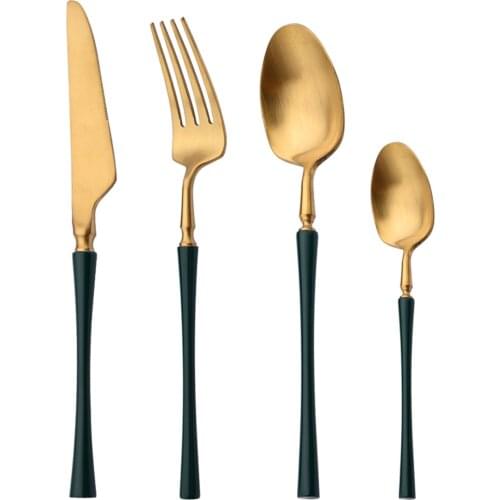 2/4/6Set Matte Green Gold Cutlery Tableware Set 18/10 Stainless Steel Dinner Knife Fork Spoon Dinnerware Silverware Flatware Set