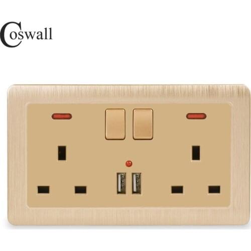 Coswall Wall Power Socket Double UK Standard Outlet Switched 2.1A Dual USB Charger Port LED indicator 146mm*86mm Gold Color