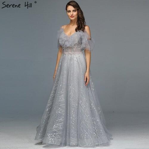 Real Photo Grey A-Line Sexy Evening Dresses 2020 Short Sleeves Beading Tassel Formal Dress Serene Hill LA70112