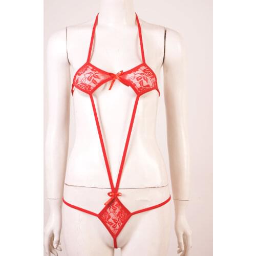 Lingerie Micro Bikini Bodysuit for Sexy Womens Floral Lace Bowknot One-Piece Halter Neck Monokini Swimsuit Lingerie Nightwear