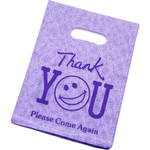 New Design Hot Sale Wholesale 100pcs/lot 15*20cm Purple Smile Face Packaging Bags Thank You Shopping Plastic Gift Bags