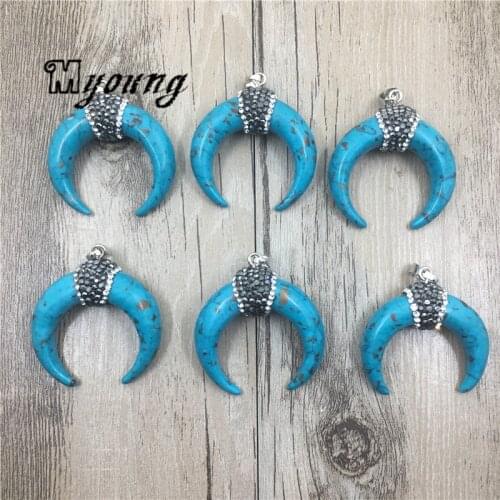 Crescent Moon Shape Blue Turquoises Pendant Charms, Natural Howlite Stone Paved Rhinestone Pendant MY1758