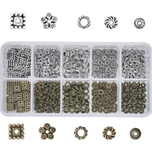 500pcs/Box Mixed Shapes Tibetan Style Alloy Bead Spacers Metal Bead for Jewelry Making DIY Bracelet Necklace Accessories Finding