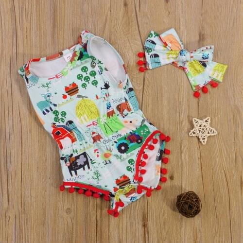 0-24 Months Baby Animal Print Clothes Ball Romper Light Blue Suit Girls Sleeveless O-Neck Jumpsuit With Tassels + Bow Headband