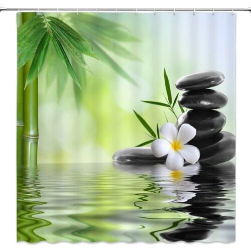 Spring Scenery Shower Curtains Green Bamboo Black Stone White Flower Spa Backdrop Bathroom Decor Waterproof Cloth Curtain Set