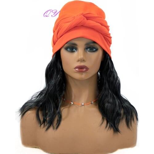 Synthetic Headband Wig Orange Turban Hat Link Black Curly Hair Wigs For Women Daily Use
