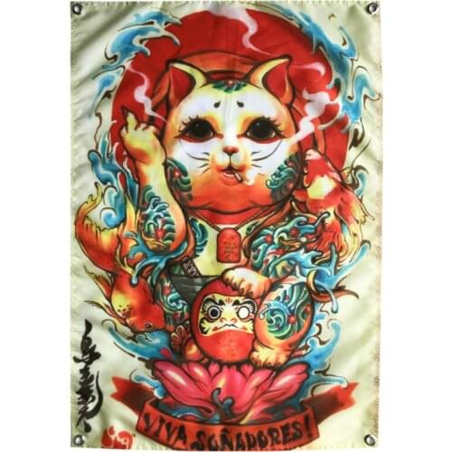 Lucky Cat Japanese Ukiyo-e Tattoo Banners Vintage Poster Wall Sticker Bar Cafe Home Decor Hanging Flag 4 Gromments in Corners
