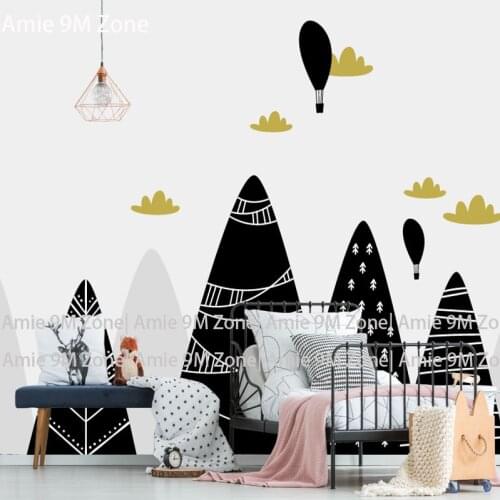 Tuya Art black and white simple drawing cartoon moutain and balloon for kids room wallpapers for childrens wall decor
