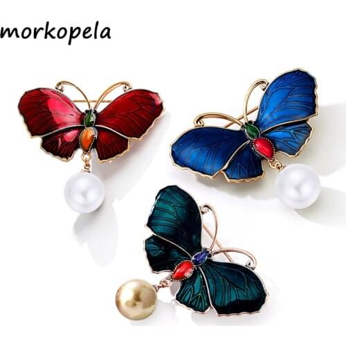Morkopela Butterfly Enamel Pin Vintage Simulated Pearls Insect Brooch Jewelry Charm Brooches For Women Men Clothes Pins