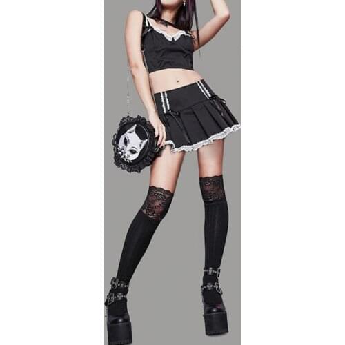 40GC Women Gothic Punk High Waist A-Line Lace Patchwork Bow Ruffle Mini Pleated Skirt