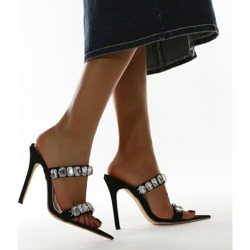 2021 New Summer Fashion Shoes Woman Slippers Sandals Crystal Decoration Pointed End Peep Toe Party Pumps High Heels Slide