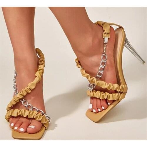 2021 New Summer Fashion Pleated Chain Design Women Sandals Transparent High Heels Ladies Open Toe Shoes Apricot Plus Size 35-40