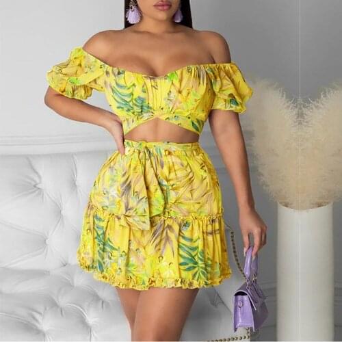 2021 Women Summer Dresses England Style Folds Short Sleeve Skirt Suit Fashion Sexy Printed Puff Sleeve Lace Suit Skirt