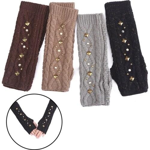 Women Fashion Fingerless Knit Cashmere Gloves Half Finger Wrist Arm Protect Wool Mittens Autumn Winter Rivet Warm Long Glove