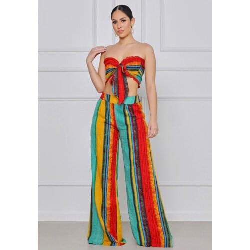2021 High Quality New Design 2 pcs Women Set Print Bright Color Strapless Short Tops Long Pants Summer Beach Outfits