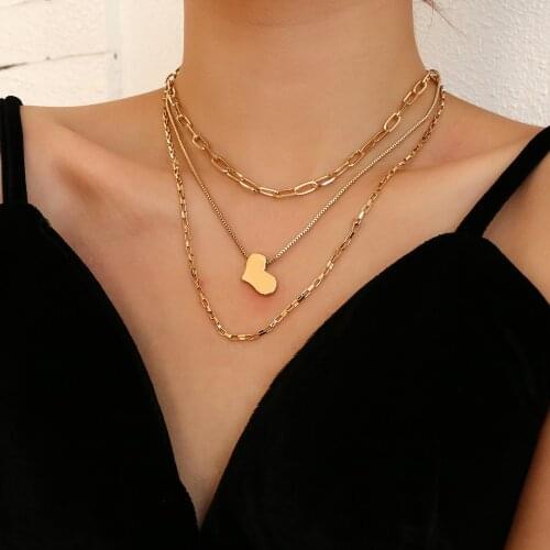 AENSOA New Vintage Fashion Gold Color Heart-Shape Multilevel Link Chain Pendant Necklace for Women Necklace Female Charm Jewelry