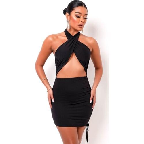 Fall Women Sexy Hollow Bandage Cross Halter Black Dress Fashion Slim Sleeveless Clothing Street Lady Trend Mini Dresses 2021 New