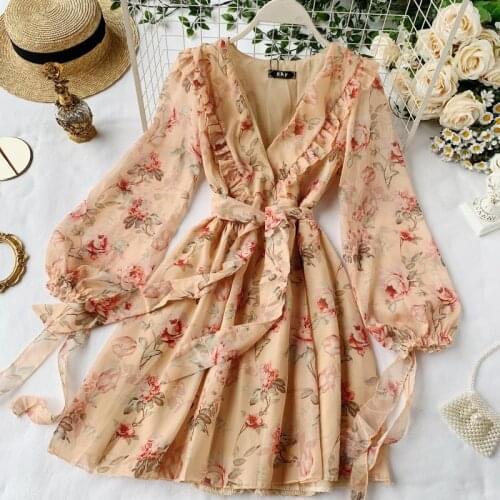 Womens Dress Spring Summer New Cyber Celebrity Elegant Ins Puff Sleeve Ruffled V-neck Bow Lacing Floral Chiffon Dress ML865